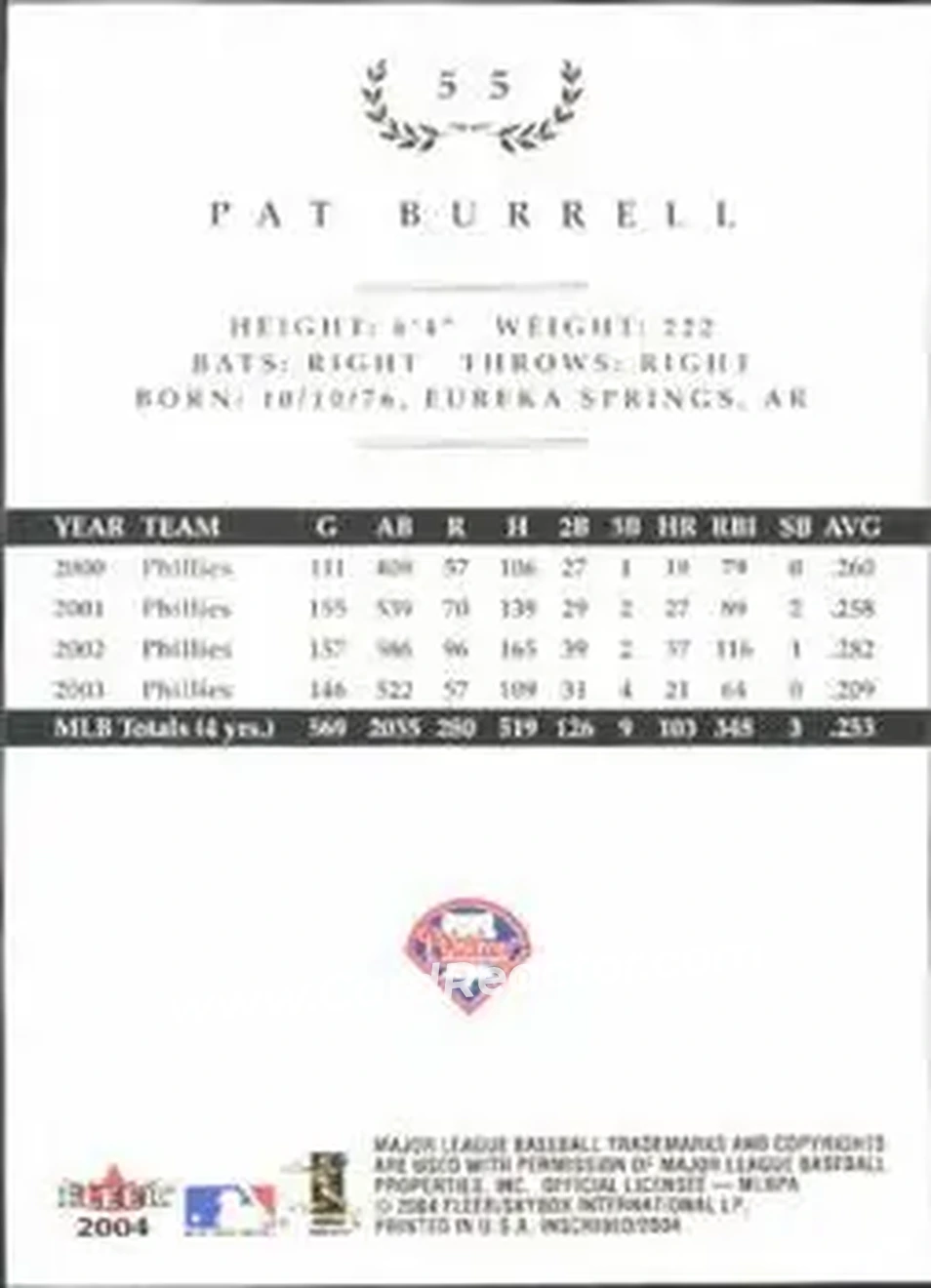 2004 Fleer InScribed #55 - Pat Burrell - Philadelphia Phillies - Back