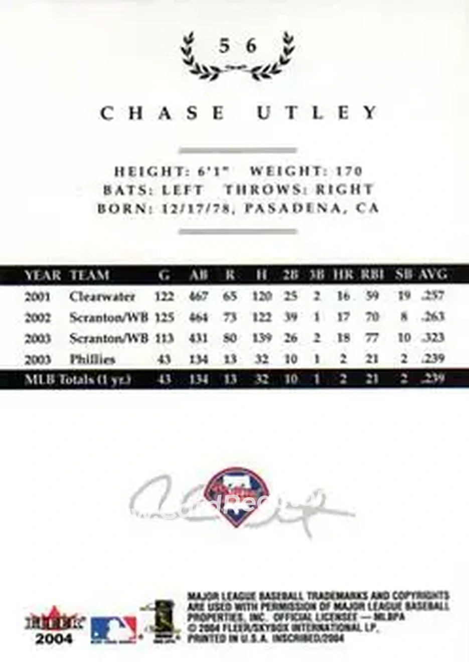 2004 Fleer InScribed #56 - Chase Utley - Philadelphia Phillies - Back