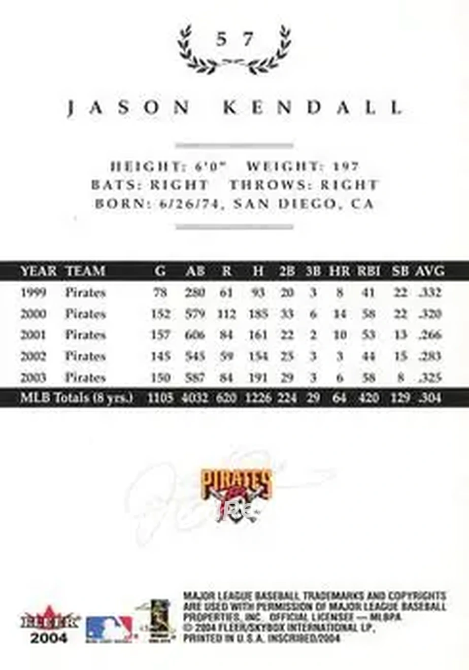 2004 Fleer InScribed #57 - Jason Kendall - Pittsburgh Pirates - Back