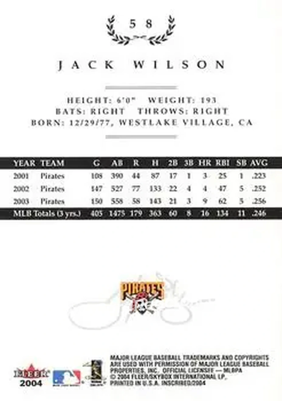 2004 Fleer InScribed #58 - Jack Wilson - Pittsburgh Pirates - Back