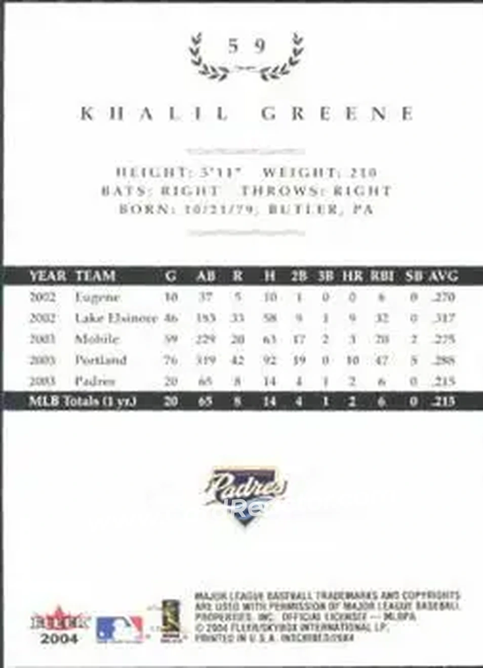 2004 Fleer InScribed #59 - Khalil Greene - San Diego Padres - Back