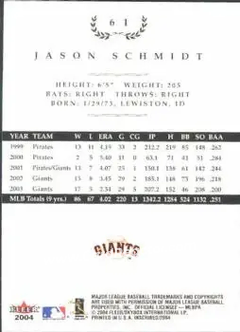 2004 Fleer InScribed #61 - Jason Schmidt - San Francisco Giants - Back