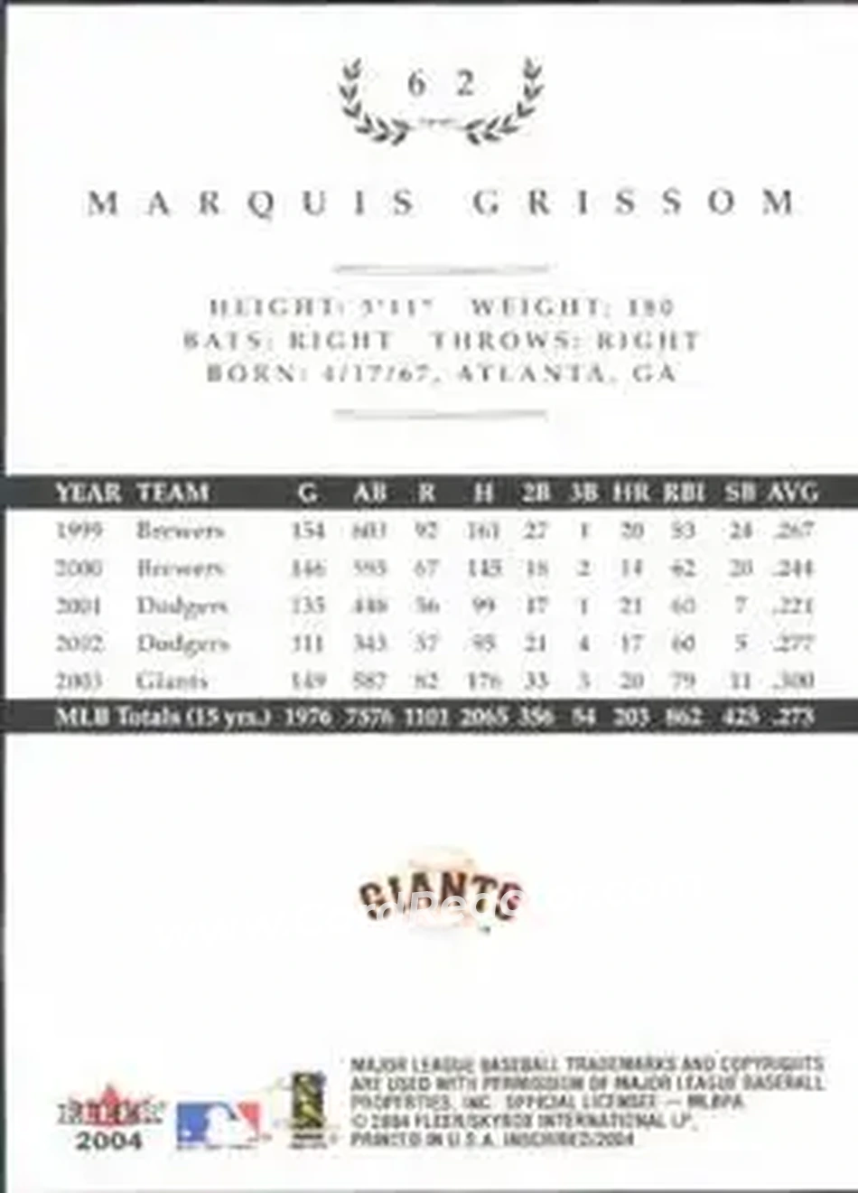 2004 Fleer InScribed #62 - Marquis Grissom - San Francisco Giants - Back