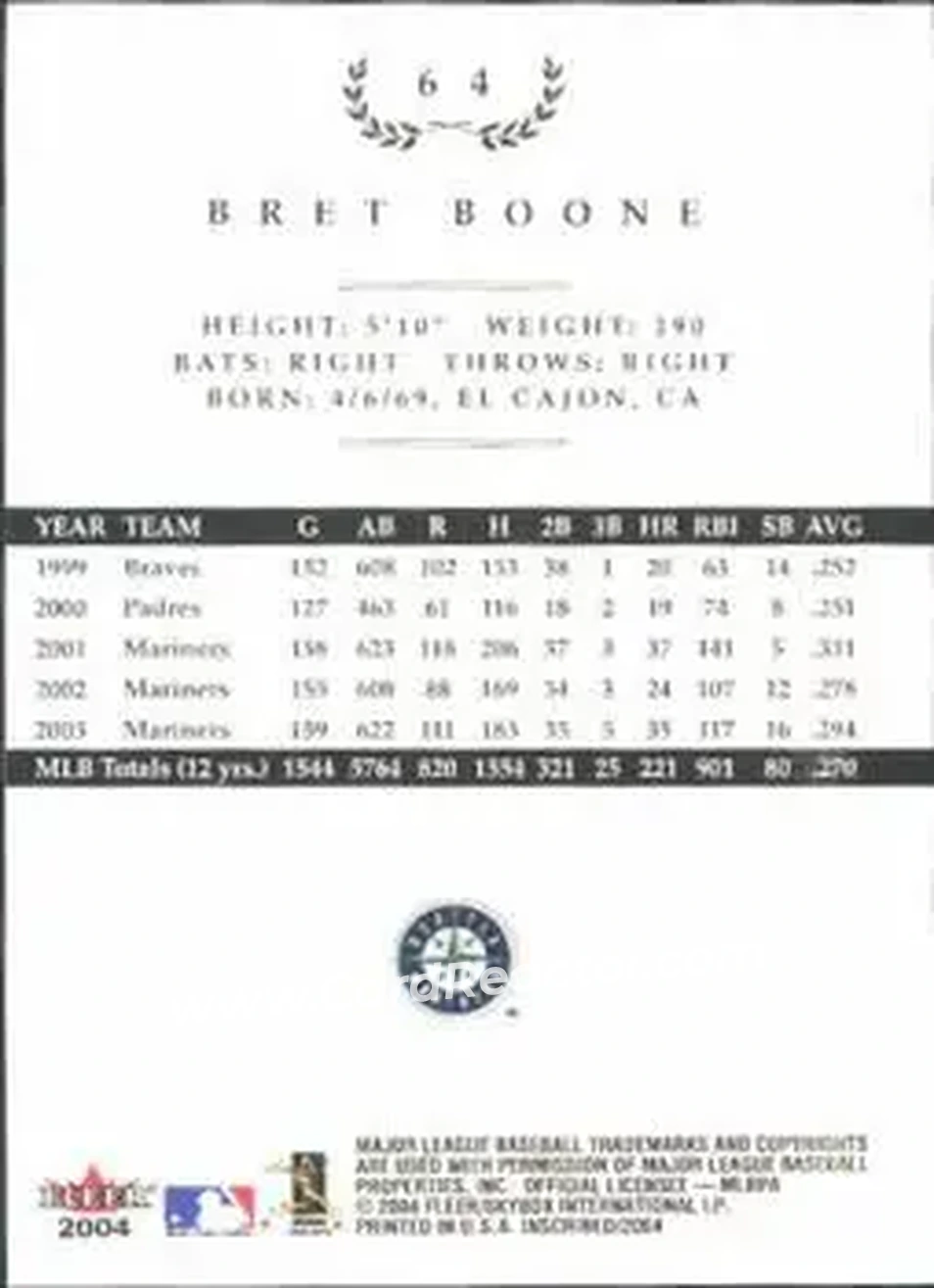 2004 Fleer InScribed #64 - Bret Boone - Seattle Mariners - Back