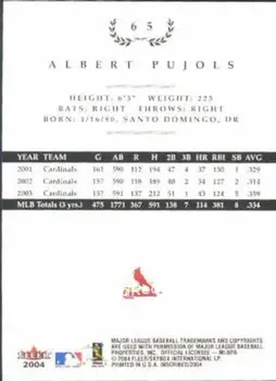 2004 Fleer InScribed #65 - Albert Pujols - St. Louis Cardinals - Back