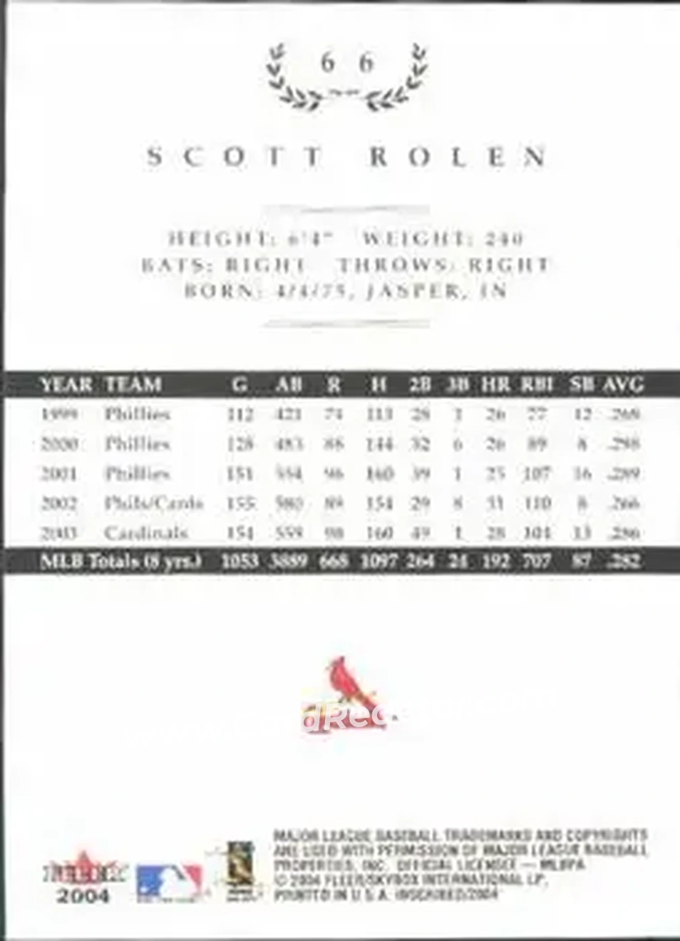 2004 Fleer InScribed #66 - Scott Rolen - St. Louis Cardinals - Back