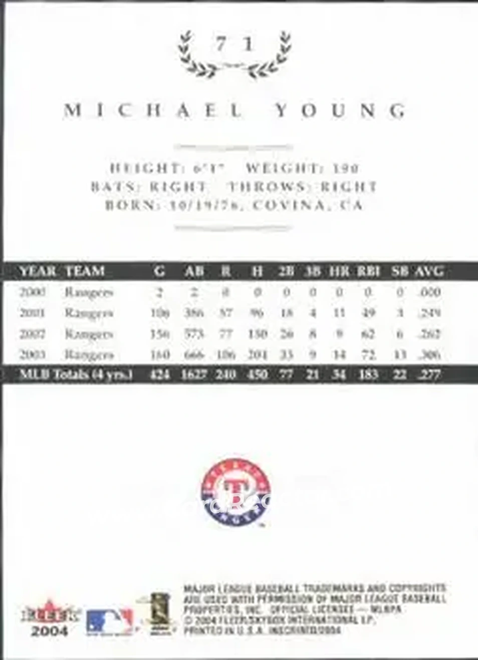 2004 Fleer InScribed #71 - Michael Young - Texas Rangers - Back