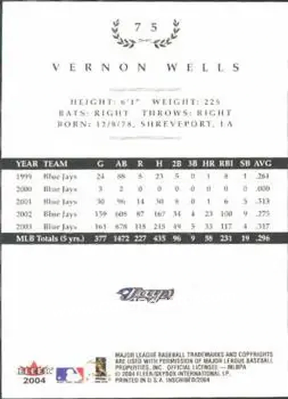 2004 Fleer InScribed #75 - Vernon Wells - Toronto Blue Jays - Back