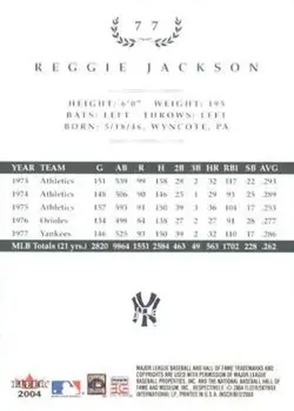 2004 Fleer InScribed #77 - Reggie Jackson (b.1946 OF) - New York Yankees - Back