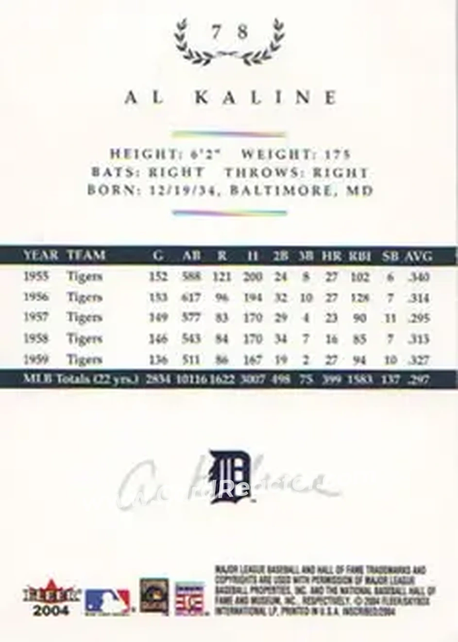 2004 Fleer InScribed #78 - Al Kaline - Detroit Tigers - Back