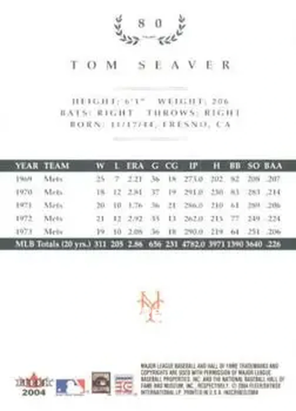 2004 Fleer InScribed #80 - Tom Seaver - New York Mets - Back 2004 Fleer InScribed #80 - Tom Seaver - New York Mets - Back