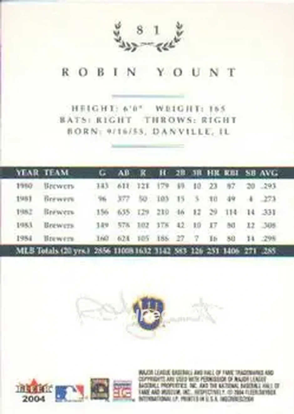 2004 Fleer InScribed #81 - Robin Yount - Milwaukee Brewers - Back