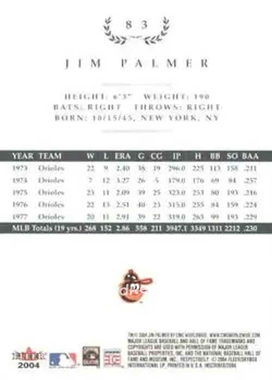 2004 Fleer InScribed #83 - Jim Palmer - Baltimore Orioles - Back