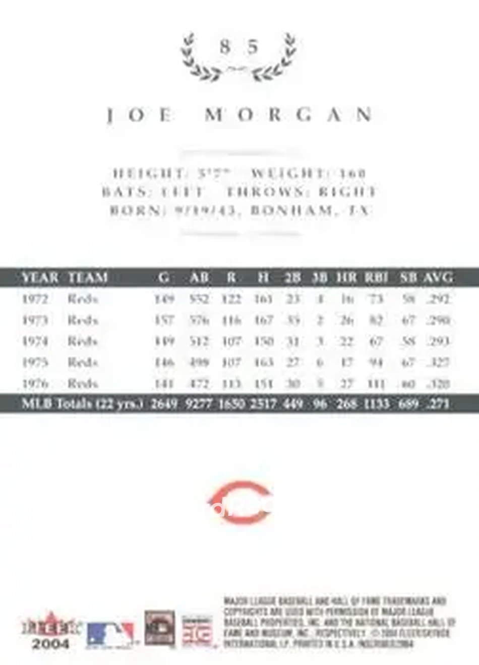 2004 Fleer InScribed #85 - Joe Morgan - Cincinnati Reds - Back