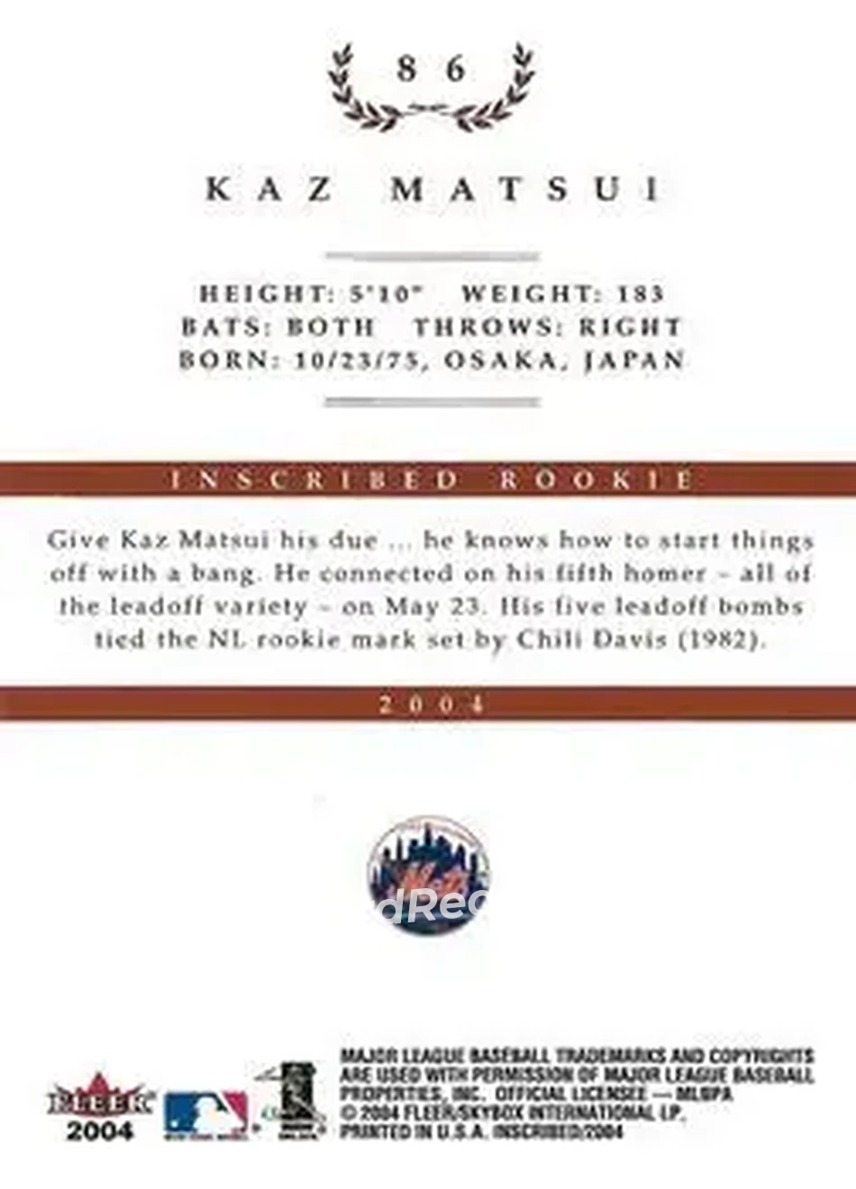 2004 Fleer InScribed #86 - Kazuo Matsui - New York Mets - Back 2004 Fleer InScribed #86 - Kazuo Matsui - New York Mets - Back
