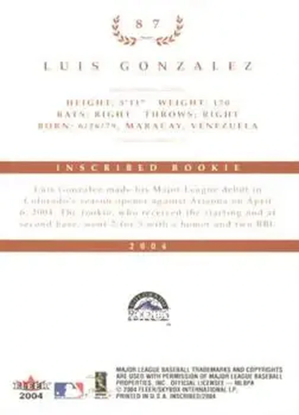 2004 Fleer InScribed #87 - Luis Gonzalez - Colorado Rockies - Back