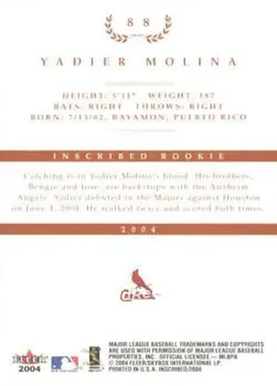 2004 Fleer InScribed #88 - Yadier Molina - St. Louis Cardinals - Back 2004 Fleer InScribed #88 - Yadier Molina - St. Louis Cardinals - Back