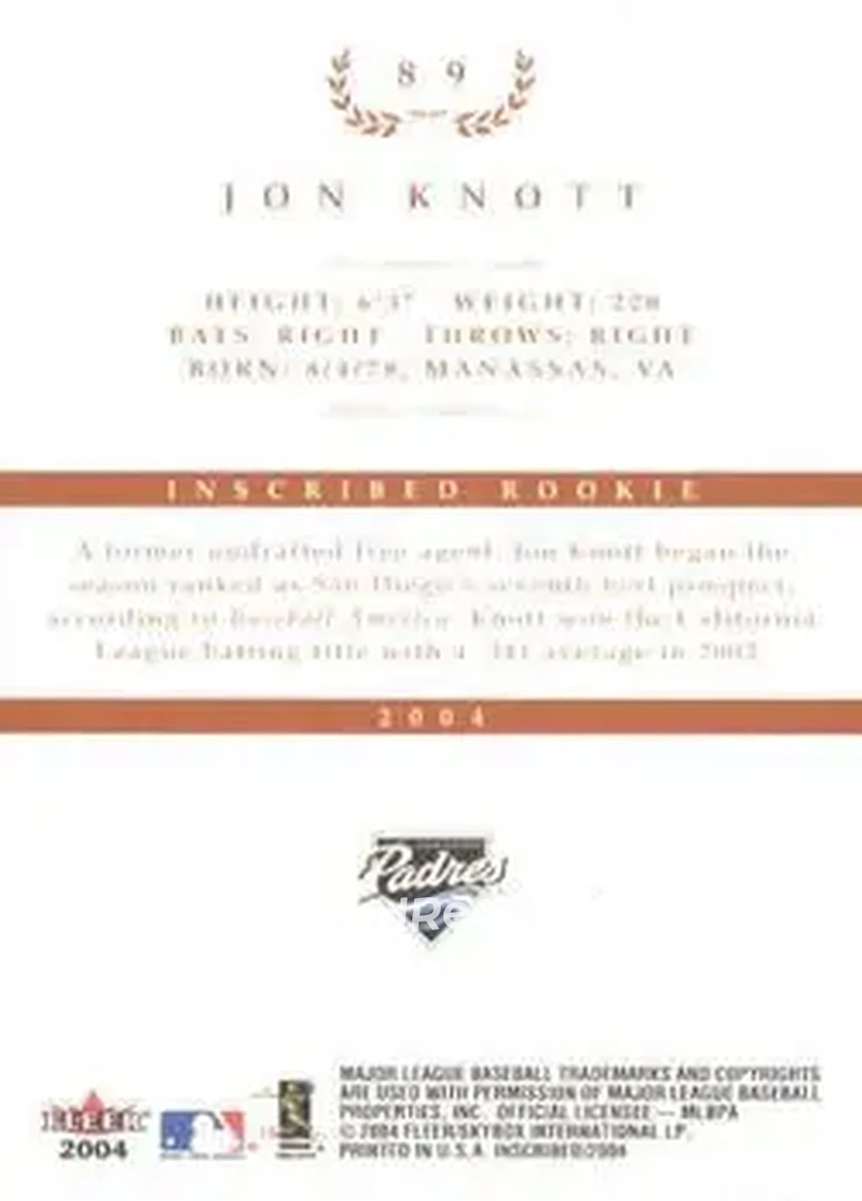 2004 Fleer InScribed #89 - Jon Knott - San Diego Padres - Back