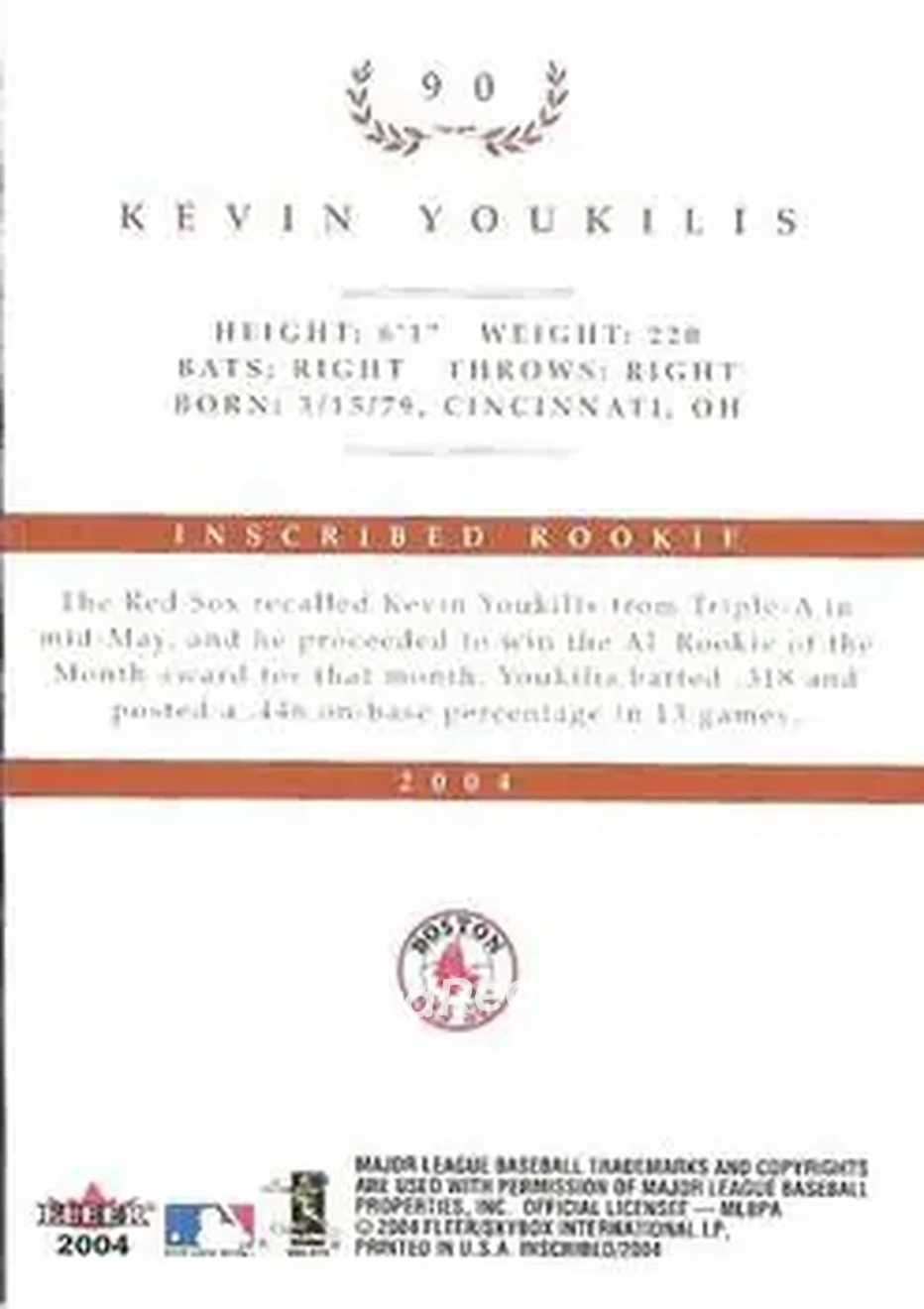 2004 Fleer InScribed #90 - Kevin Youkilis - Boston Red Sox - Back
