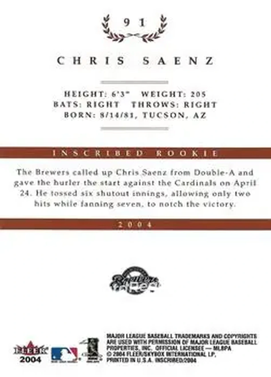 2004 Fleer InScribed #91 - Chris Saenz - Milwaukee Brewers - Back