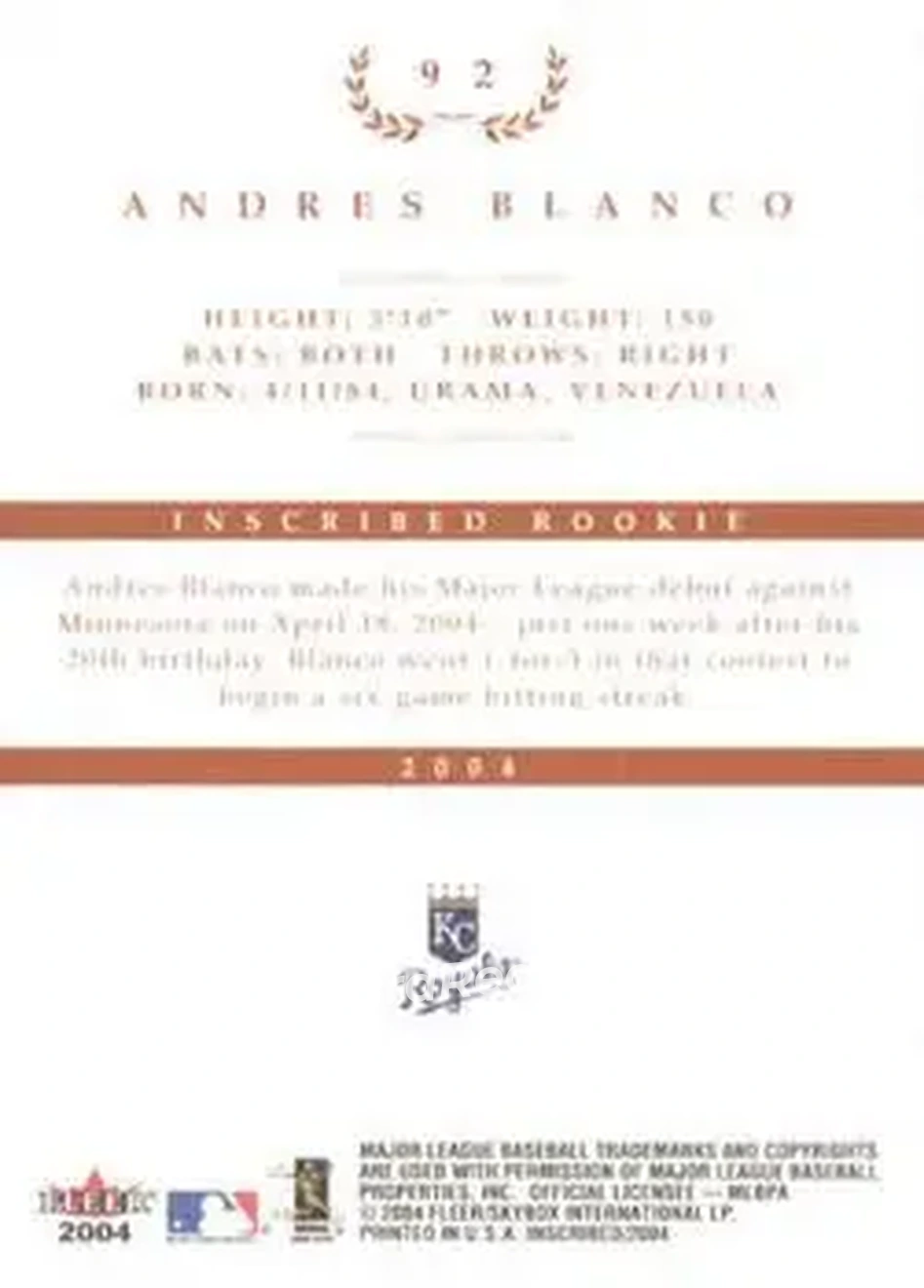 2004 Fleer InScribed #92 - Andres Blanco - Kansas City Royals - Back