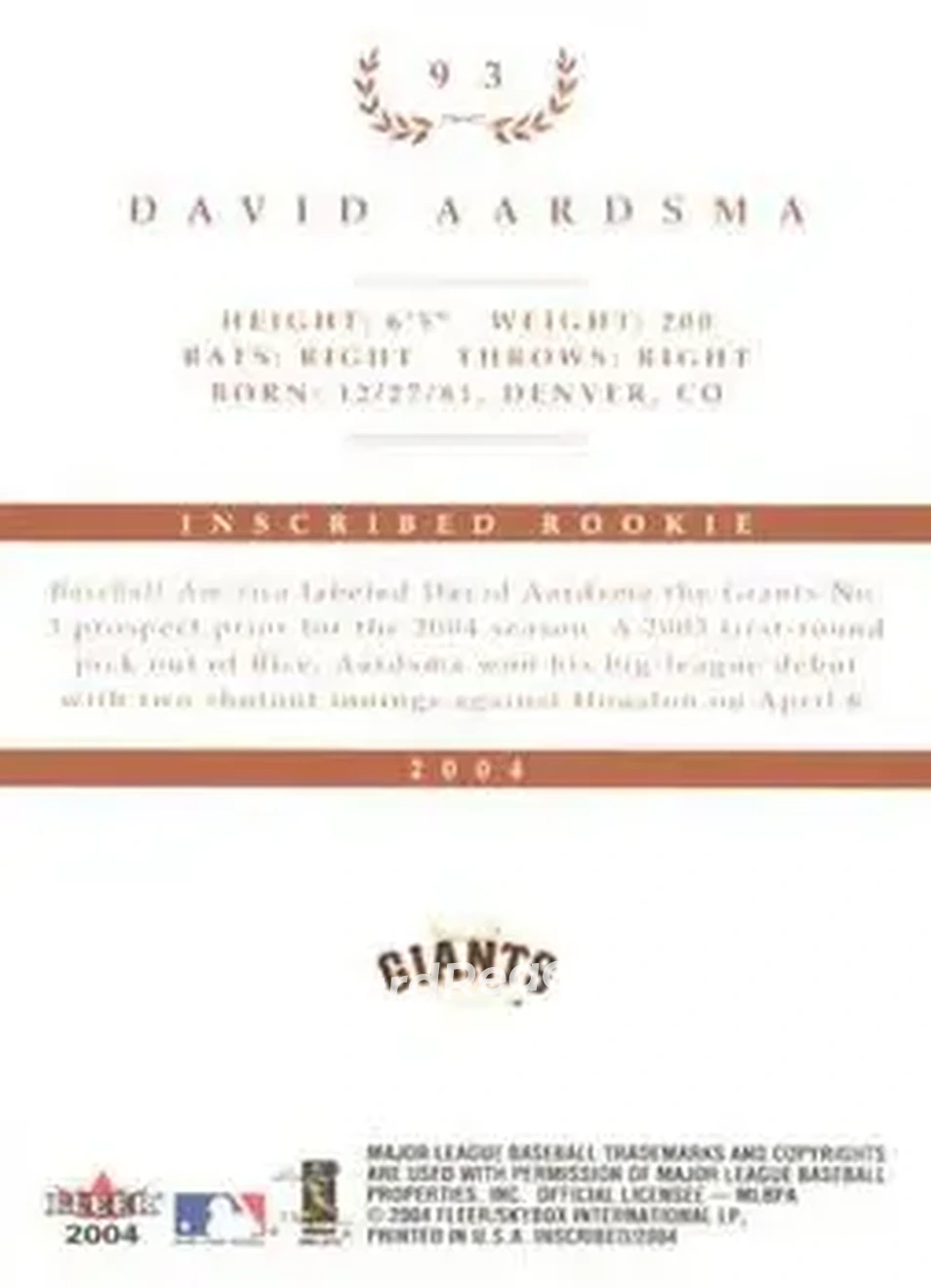 2004 Fleer InScribed #93 - David Aardsma - San Francisco Giants - Back