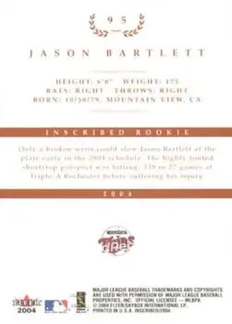 2004 Fleer InScribed #95 - Jason Bartlett - Minnesota Twins - Back 2004 Fleer InScribed #95 - Jason Bartlett - Minnesota Twins - Back
