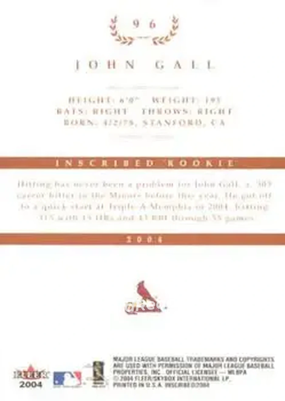 2004 Fleer InScribed #96 - John Gall - St. Louis Cardinals - Back 2004 Fleer InScribed #96 - John Gall - St. Louis Cardinals - Back