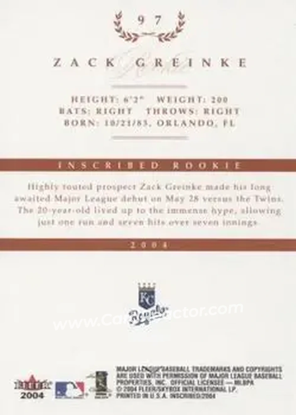 2004 Fleer InScribed #97 - Zack Greinke - Kansas City Royals - Back 2004 Fleer InScribed #97 - Zack Greinke - Kansas City Royals - Back
