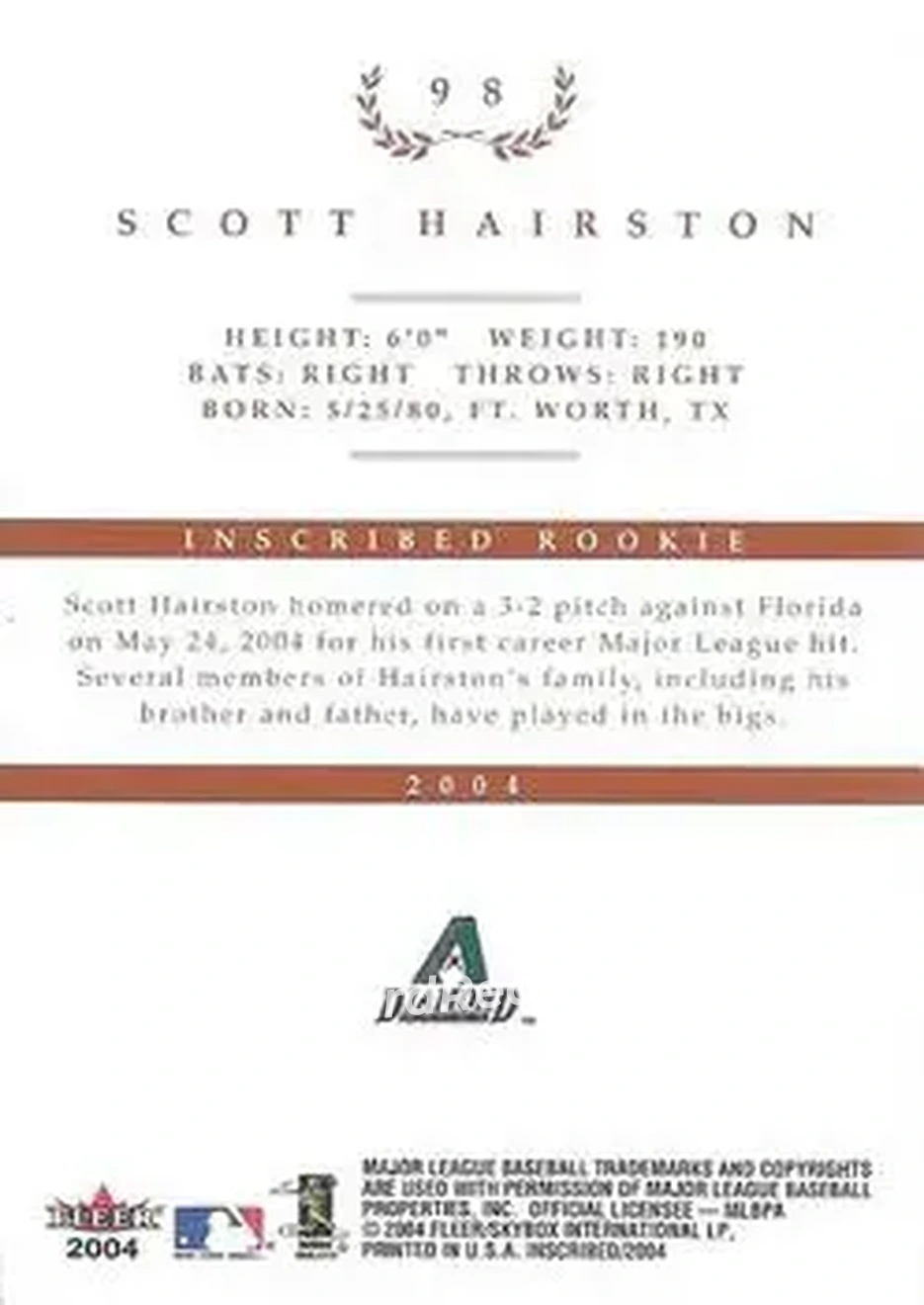 2004 Fleer InScribed #98 - Scott Hairston - Arizona Diamondbacks - Back 2004 Fleer InScribed #98 - Scott Hairston - Arizona Diamondbacks - Back