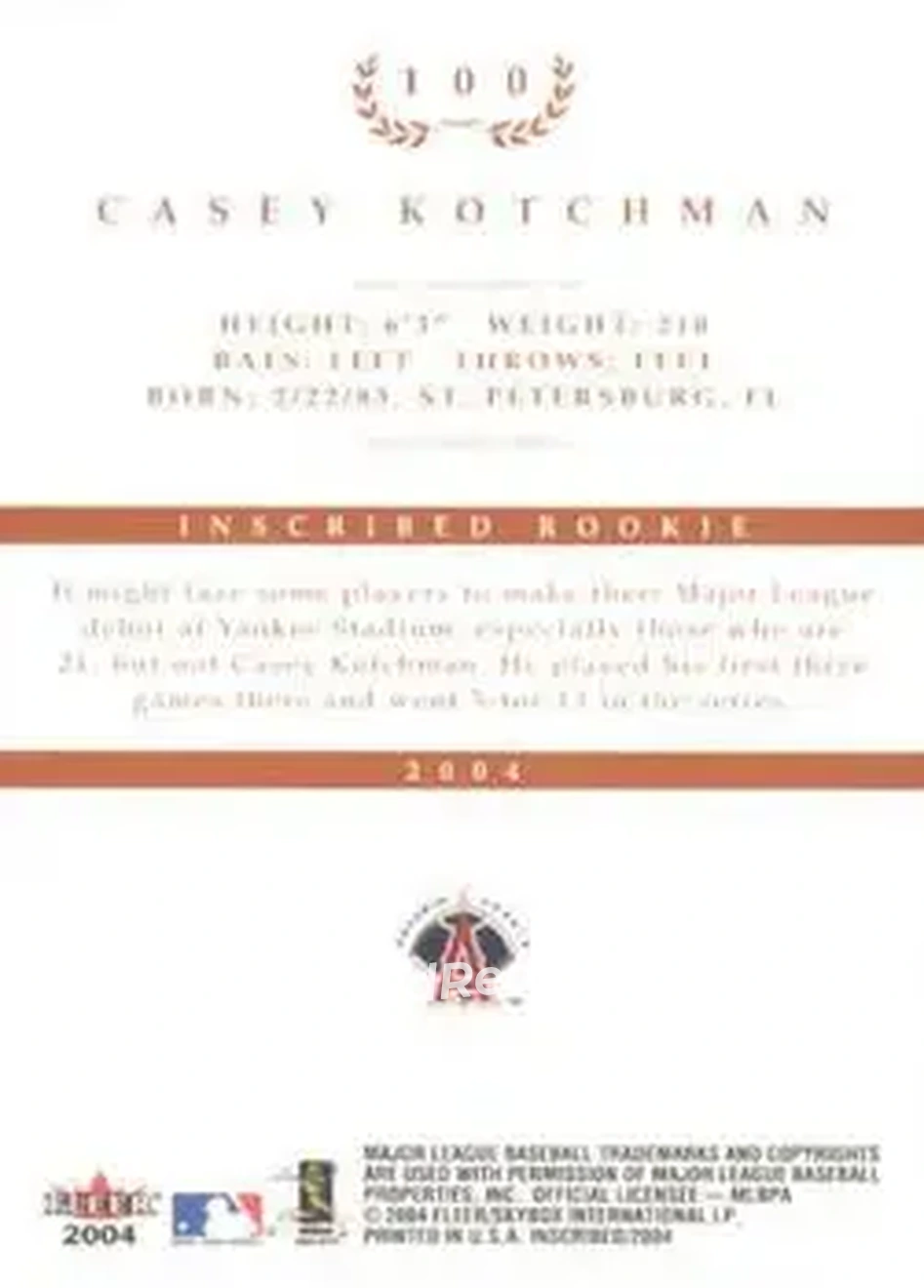 2004 Fleer InScribed #100 - Casey Kotchman - Anaheim Angels - Back 2004 Fleer InScribed #100 - Casey Kotchman - Anaheim Angels - Back