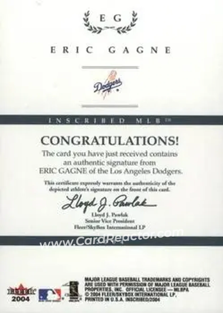 2004 Fleer InScribed - Autographs Red #EG - Eric Gagne - Los Angeles Dodgers - Back 2004 Fleer InScribed - Autographs Red #EG - Eric Gagne - Los Angeles Dodgers - Back