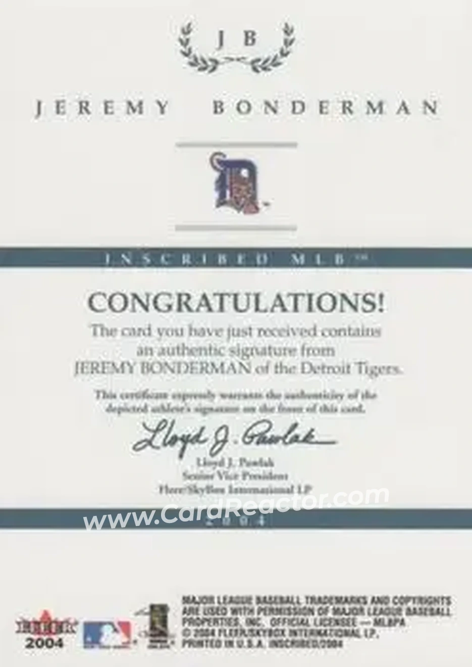2004 Fleer InScribed - Autographs Red #JB - Jeremy Bonderman - Detroit Tigers - Back