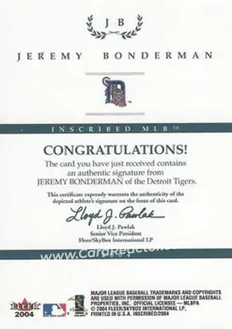 2004 Fleer InScribed - Autographs Silver #JB - Jeremy Bonderman - Detroit Tigers - Back