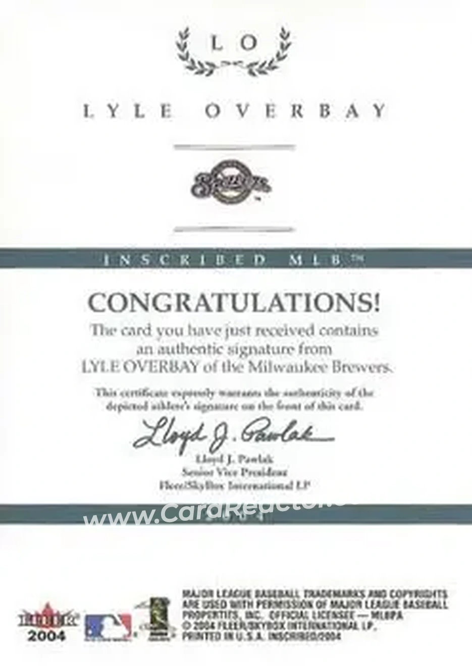2004 Fleer InScribed - Autographs Silver #LO - Lyle Overbay - Milwaukee Brewers - Back 2004 Fleer InScribed - Autographs Silver #LO - Lyle Overbay - Milwaukee Brewers - Back