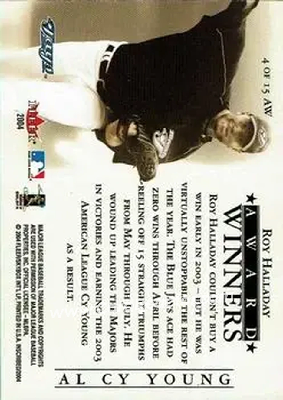 2004 Fleer InScribed - Award Winners #4AW - Roy Halladay - Toronto Blue Jays - Back