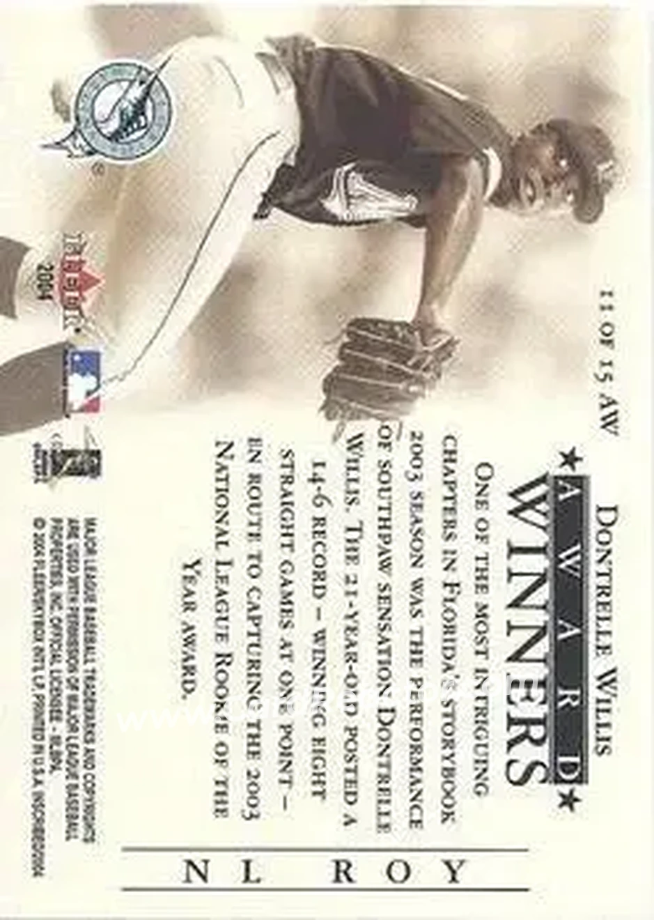 2004 Fleer InScribed - Award Winners #11AW - Dontrelle Willis - Florida Marlins - Back
