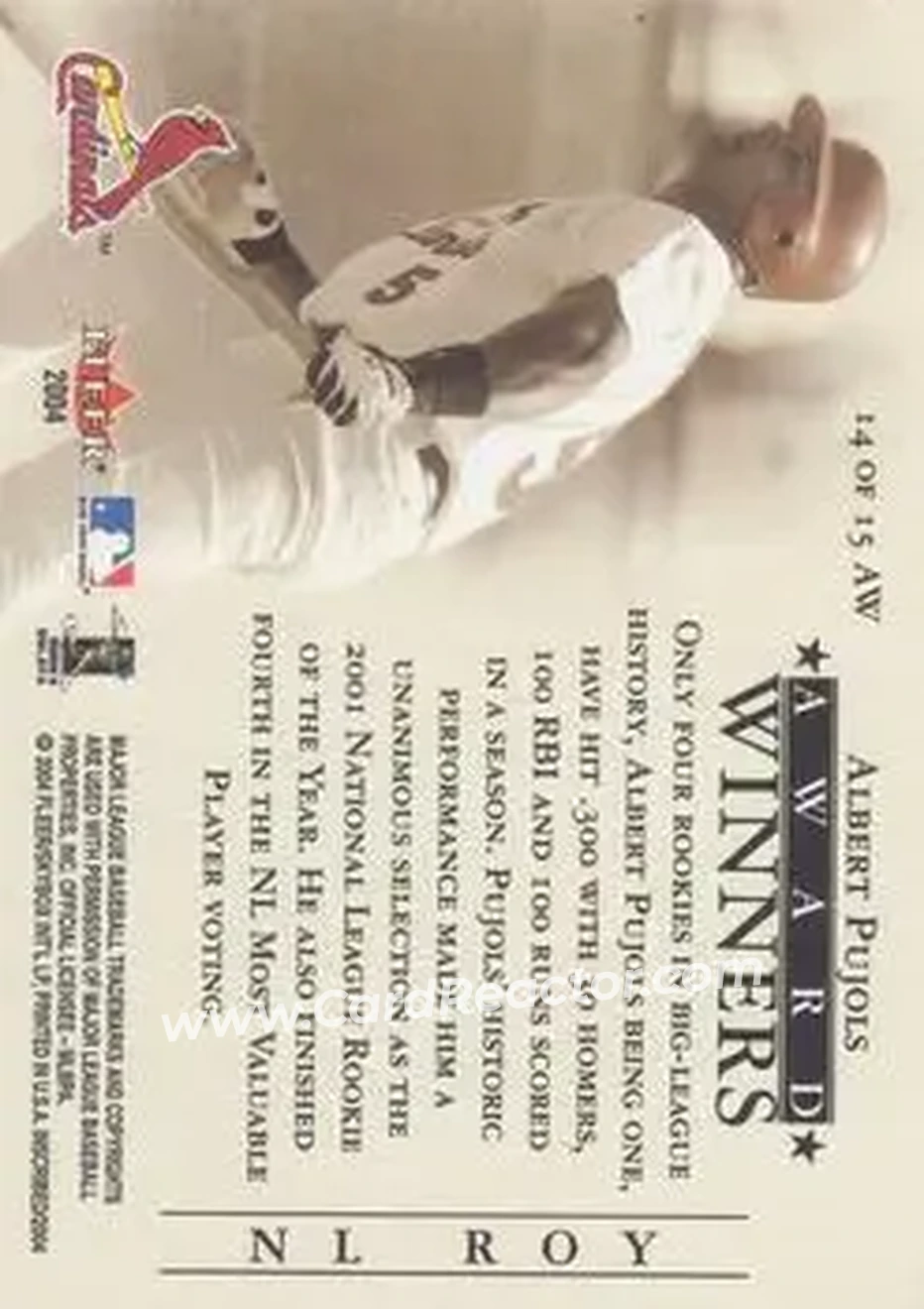 2004 Fleer InScribed - Award Winners #14AW - Albert Pujols - St. Louis Cardinals - Back 2004 Fleer InScribed - Award Winners #14AW - Albert Pujols - St. Louis Cardinals - Back