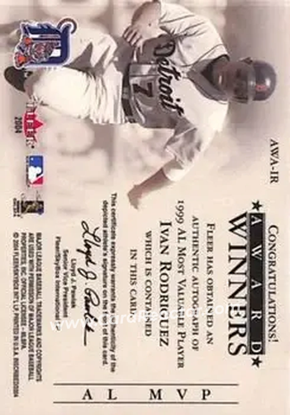2004 Fleer InScribed - Award Winners Autographs #AWA-IR - Ivan Rodriguez - Detroit Tigers - Back 2004 Fleer InScribed - Award Winners Autographs #AWA-IR - Ivan Rodriguez - Detroit Tigers - Back