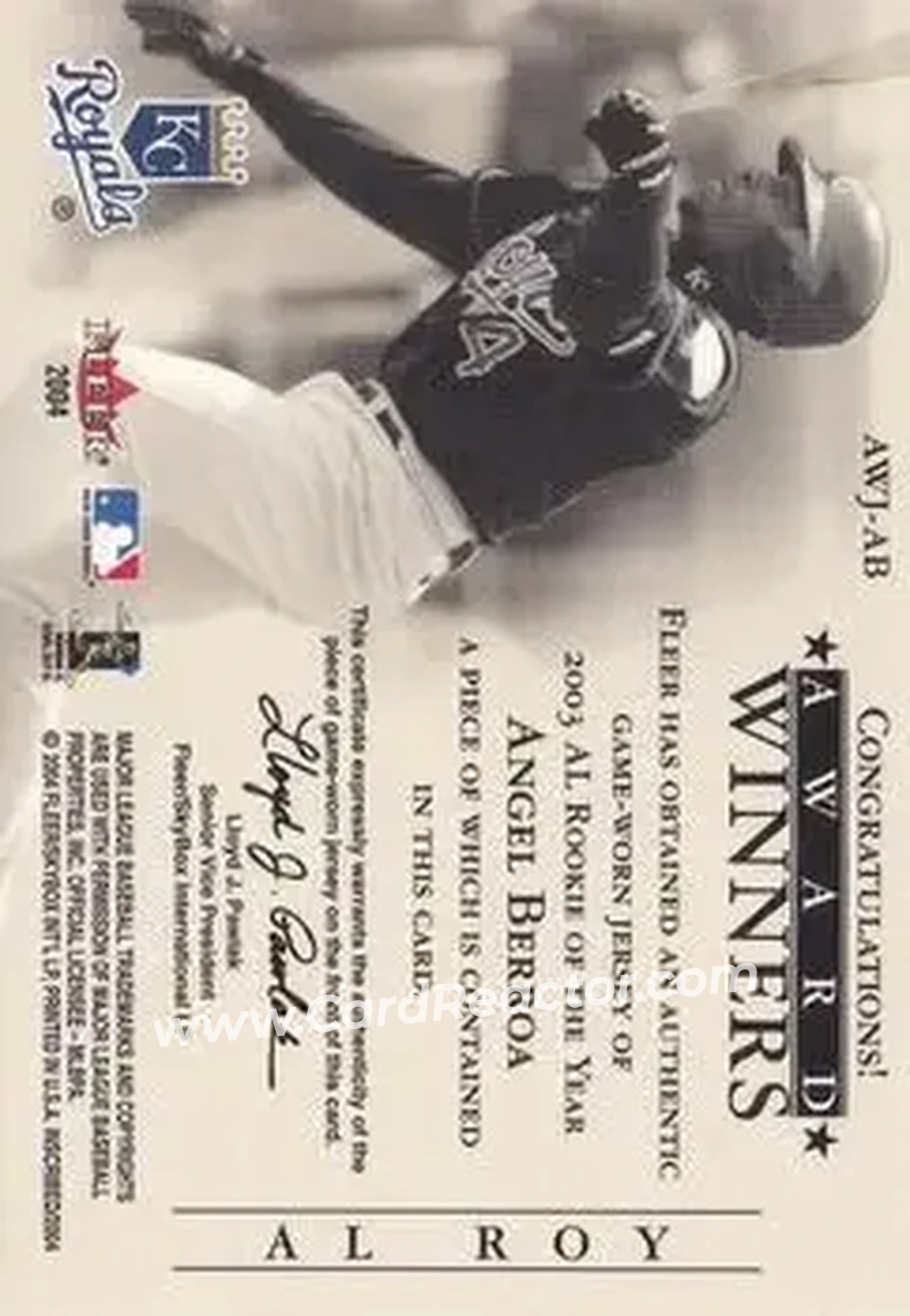 2004 Fleer InScribed - Award Winners Jersey Copper #AWJ-AB - Angel Berroa - Kansas City Royals - Back