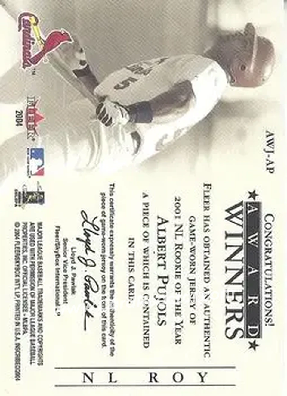2004 Fleer InScribed - Award Winners Jersey Copper #AWJ-AP - Albert Pujols - St. Louis Cardinals - Back