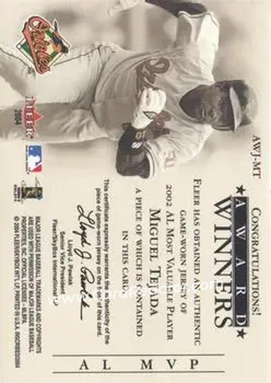 2004 Fleer InScribed - Award Winners Jersey Copper #AWJ-MT - Miguel Tejada - Baltimore Orioles - Back