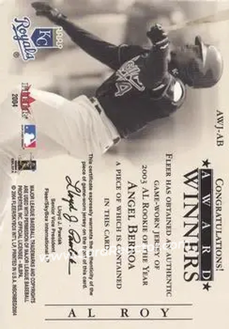 2004 Fleer InScribed - Award Winners Jersey Silver #AWJ-AB - Angel Berroa - Kansas City Royals - Back