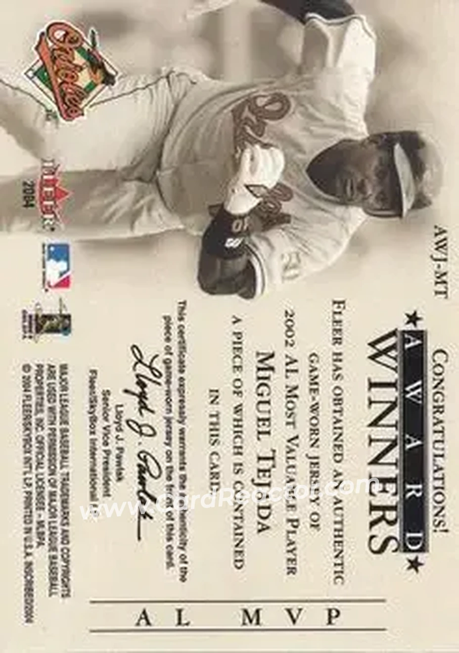 2004 Fleer InScribed - Award Winners Jersey Silver #AWJ-MT - Miguel Tejada - Baltimore Orioles - Back 2004 Fleer InScribed - Award Winners Jersey Silver #AWJ-MT - Miguel Tejada - Baltimore Orioles - Back