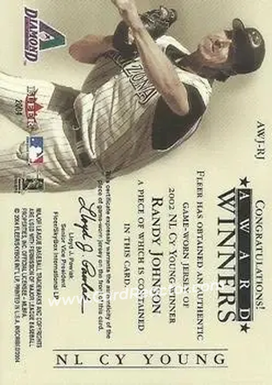 2004 Fleer InScribed - Award Winners Jersey Silver #AWJ-RJ - Randy Johnson - Arizona Diamondbacks - Back 2004 Fleer InScribed - Award Winners Jersey Silver #AWJ-RJ - Randy Johnson - Arizona Diamondbacks - Back