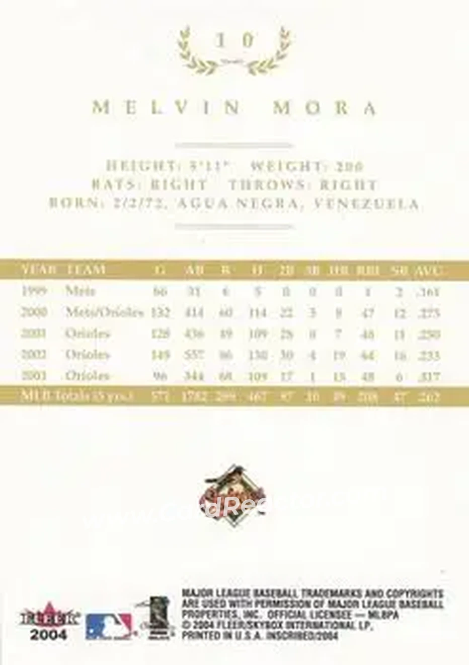 2004 Fleer InScribed - Gold #10 - Melvin Mora - Baltimore Orioles - Back