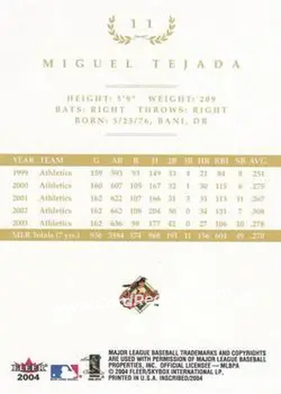 2004 Fleer InScribed - Gold #11 - Miguel Tejada - Baltimore Orioles - Back