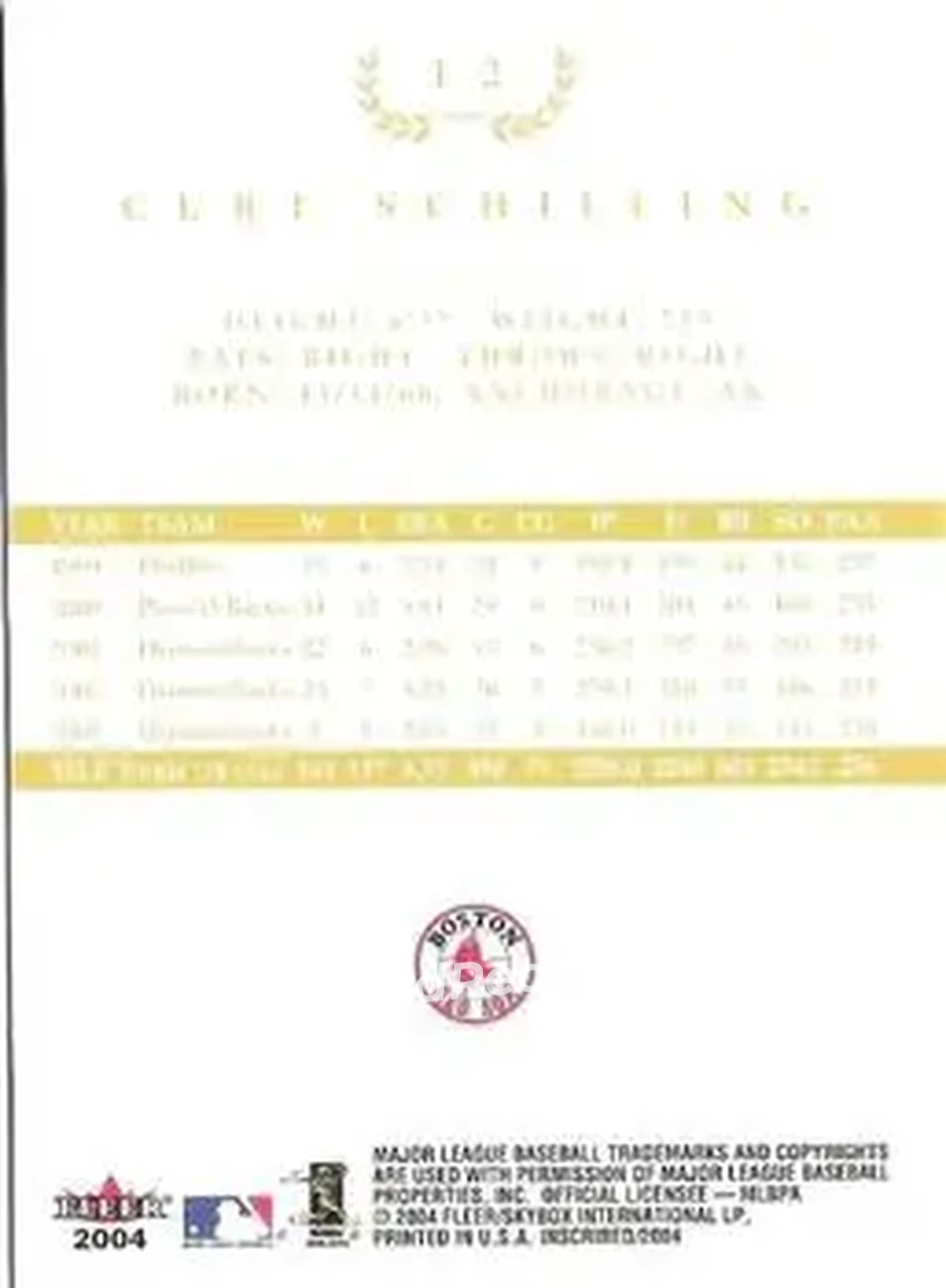2004 Fleer InScribed - Gold #12 - Curt Schilling - Boston Red Sox - Back 2004 Fleer InScribed - Gold #12 - Curt Schilling - Boston Red Sox - Back