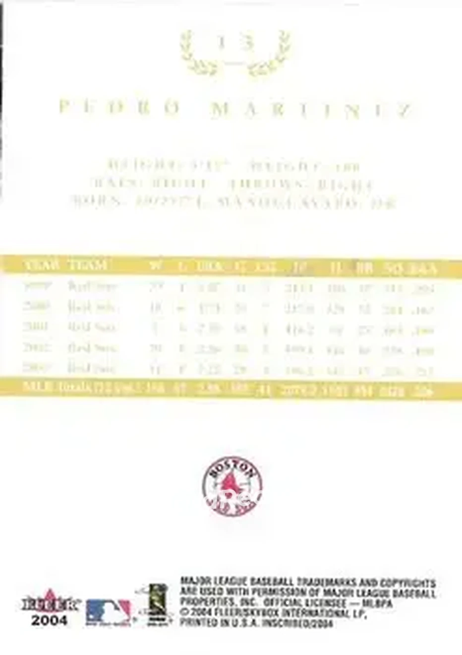2004 Fleer InScribed - Gold #13 - Pedro Martinez - Boston Red Sox - Back 2004 Fleer InScribed - Gold #13 - Pedro Martinez - Boston Red Sox - Back