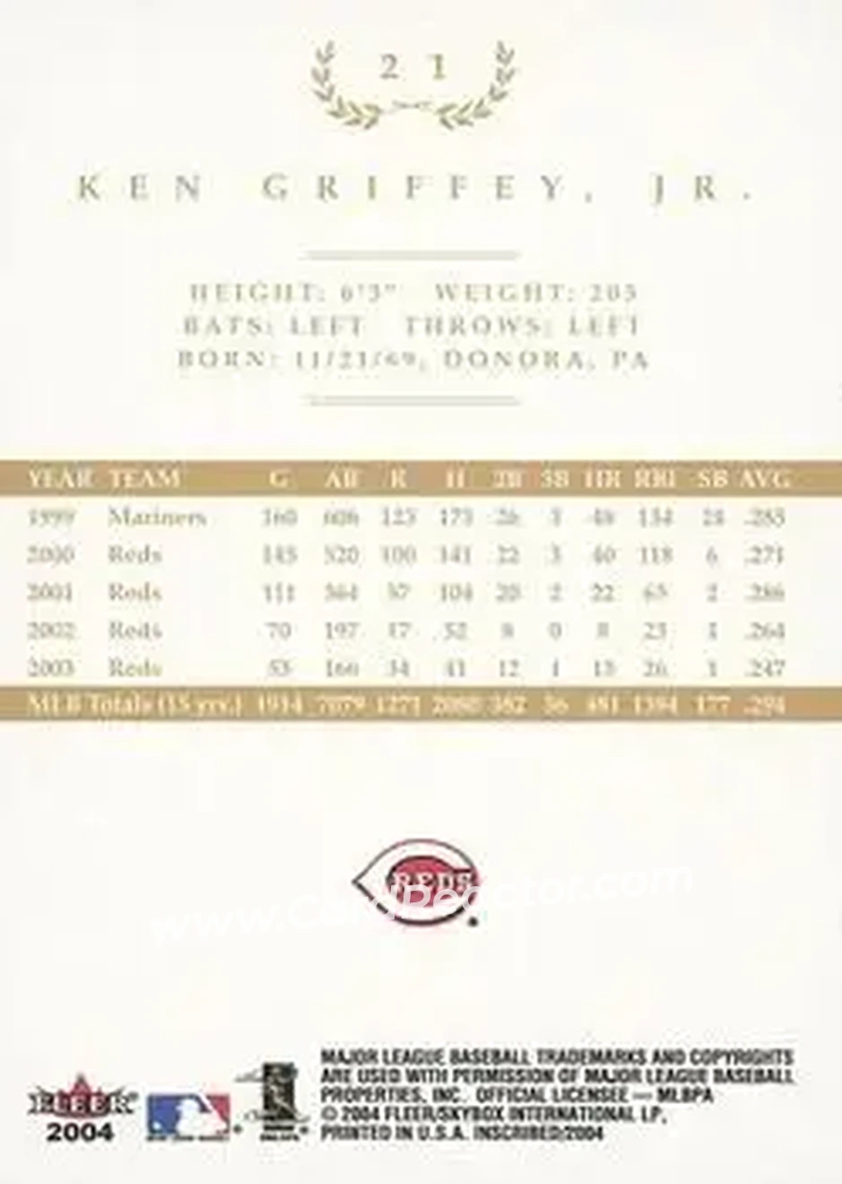 2004 Fleer InScribed - Gold #21 - Ken Griffey Jr. - Cincinnati Reds - Back